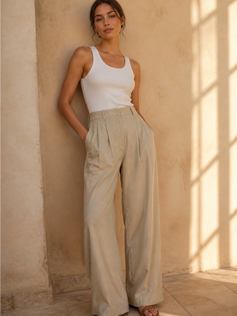 COS Wide Leg Pleated Minimalist High-Rise Cotton Pocket Khaki Pants Women's 10